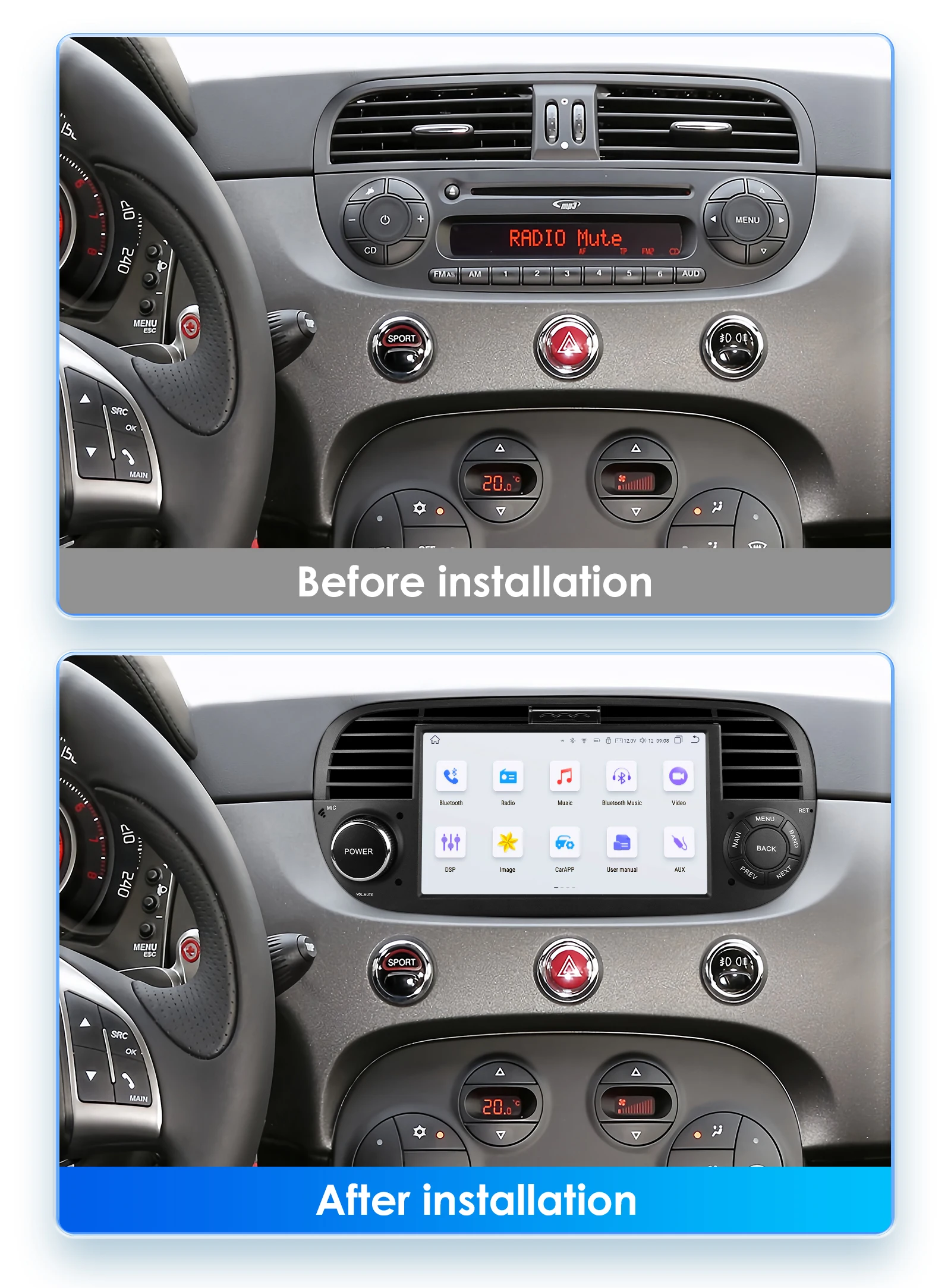 4G+64G Android 12 Car radio GPS Stereo for Fiat 500 2007-2015 multimedia Video player 7inch DSP Carplay 2din 7862 Head Unit SWC