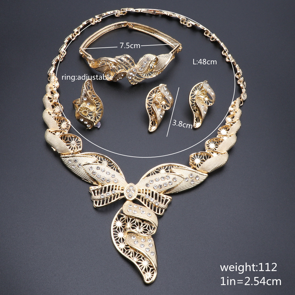 Classic Dubai Gold Color Jewelry Sets Charm Bridal Crystal Necklace Earrings Ring Bracelet Ethiopian Women Wedding Jewelry Set