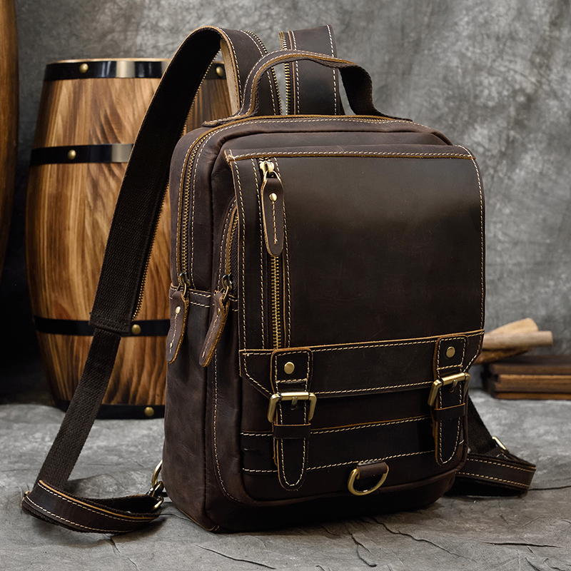 Mens Vintage Backpack, Genuine Leather Single Shoulder Chest Bag, Dual-use Cowhide Travel Bag - Mini Backpack For Outdoor Adventures New Free Delivery