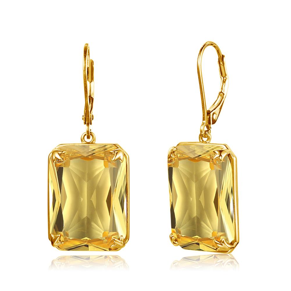 Szjinao 14K Gold Jewelry Set For Women Shiny Rectangle Yellow Crystal Pendant Earrings With Lever Backs Real Silver 925 Jewelery