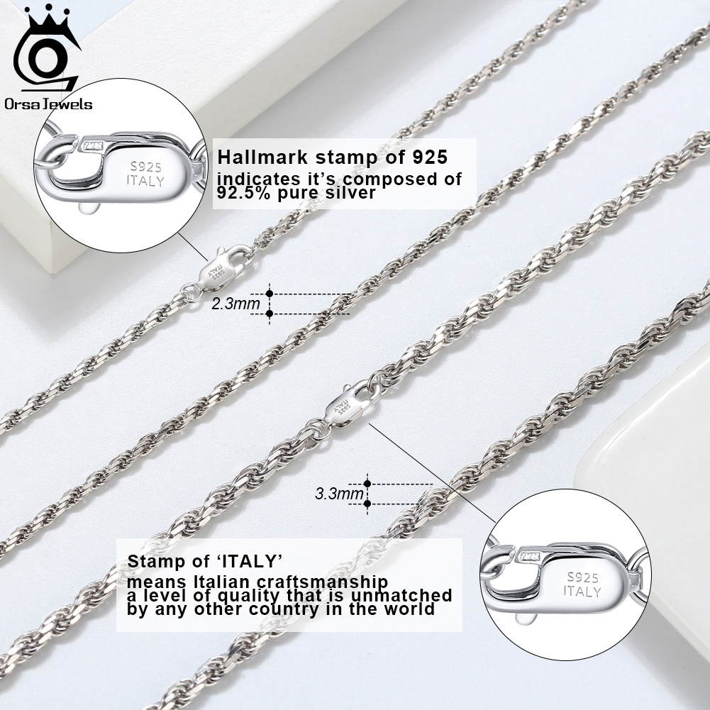 ORSA JEWELS Italian Handmade 925 Sterling Silver 3.3mm Thick Diamond-Cut Rope Chain Necklace for Man Woman Matching Chain SC29