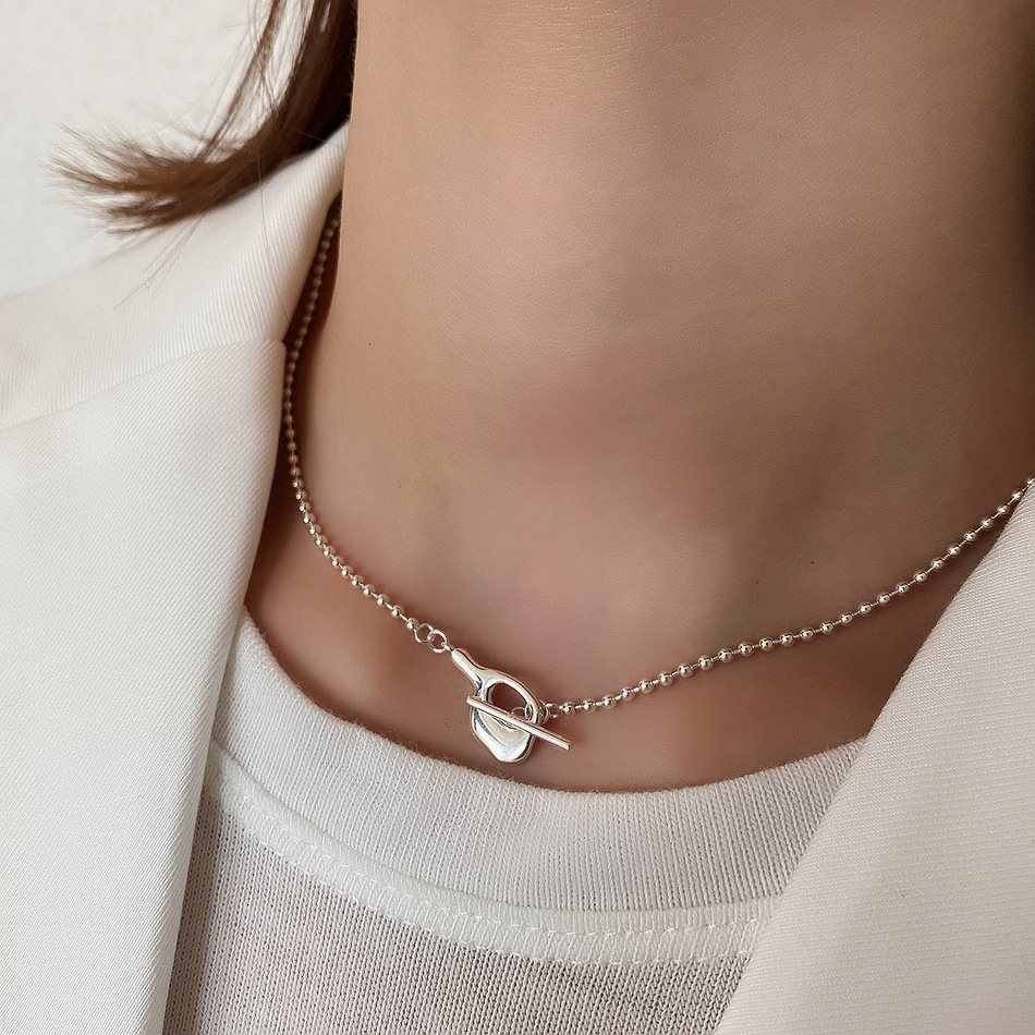 SHANICE 925 Sterling Silver Bead Chain Choker Necklace Irregular O T Hasp Clavicle Chain Necklace for Women 925 Simple Jewelry