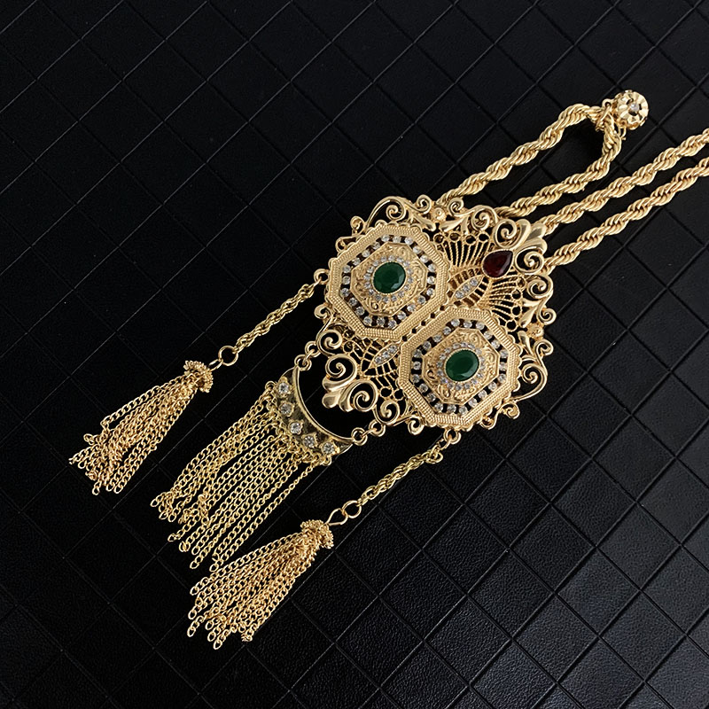 Ethnic Wedding Jewelry Chain with Rhinestone Gold Color Tassels Chain Necklace Algeria Morocco Traditional Bridal Pendants