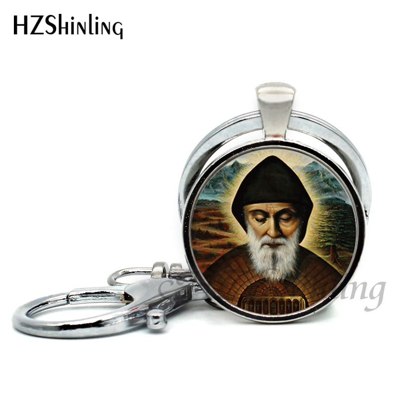 2017 New Design Saint Charbel Keychains Art Picture Glass Dome Jewelry St Charbel Pray Pendant Keyring for Christmas gift