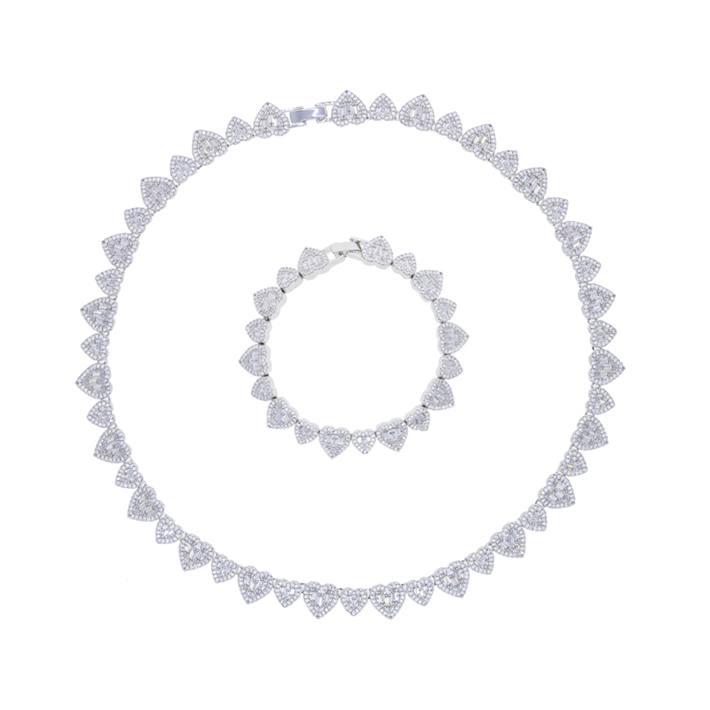 5A CZ Two Hearts Jewelry Set: Iced Out Bg Necklace Bracelet for Women 4e9b