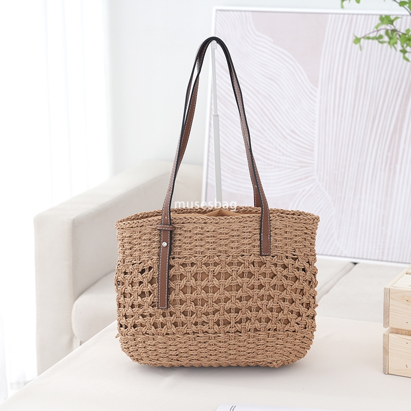 Elegant and stylish women high-end handbag straw woven bag beach bag handcrafted woven practical high-capacity cotton thread vegetable basket travel a