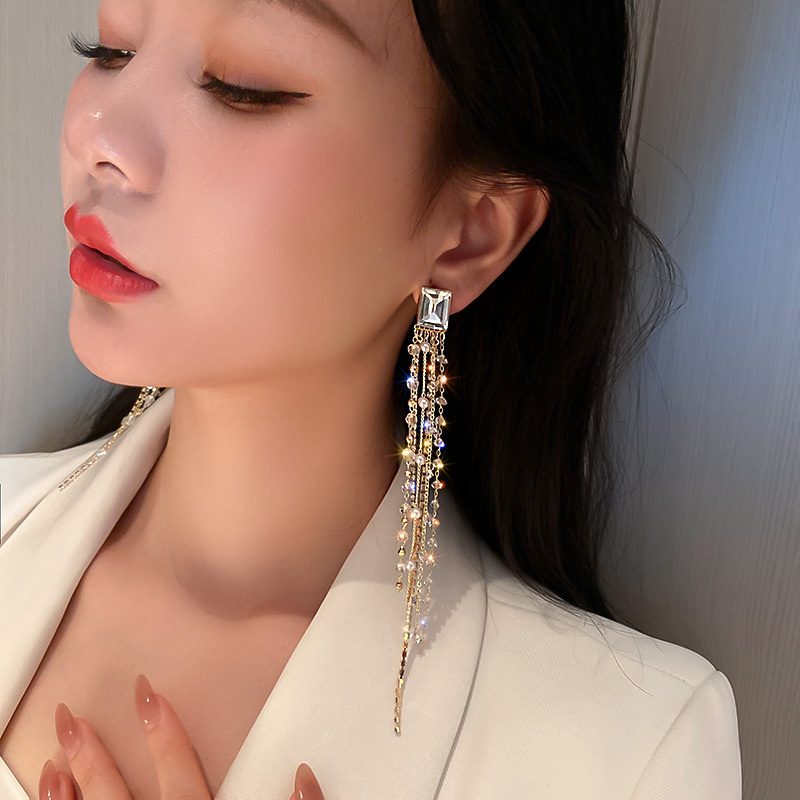 FYUAN Geometric Square Crystal Rhinestone Earrings for Women Bijoux Long Tassel White Beads Dangle Earrings Statement Jewelry