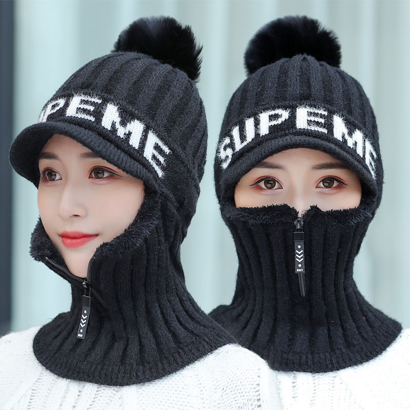 Winter Ski Hat Scarf Continuous Zipper Neck Guard Riding Warm Thick Knitted Woolen