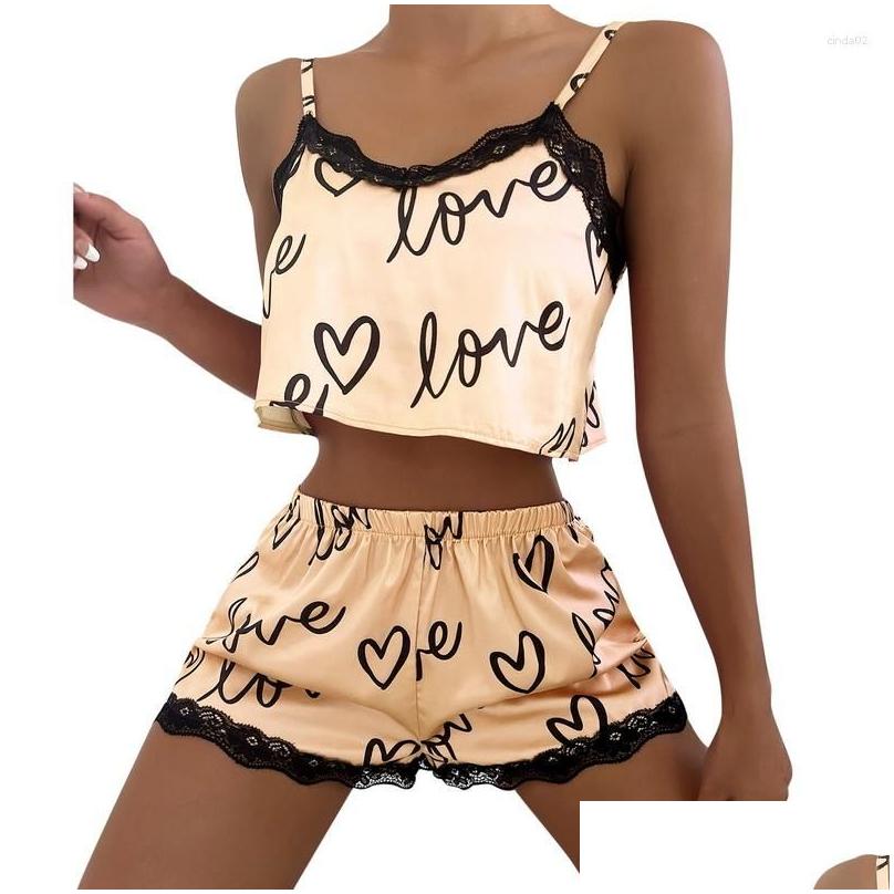 Womens Sleepwear Two Pieces Set Pajama Shorts Suit Print Underwear Pijama Sexy Lingerie Camisoles Tanks Nighty Ladies Drop Delivery A Dhdcn