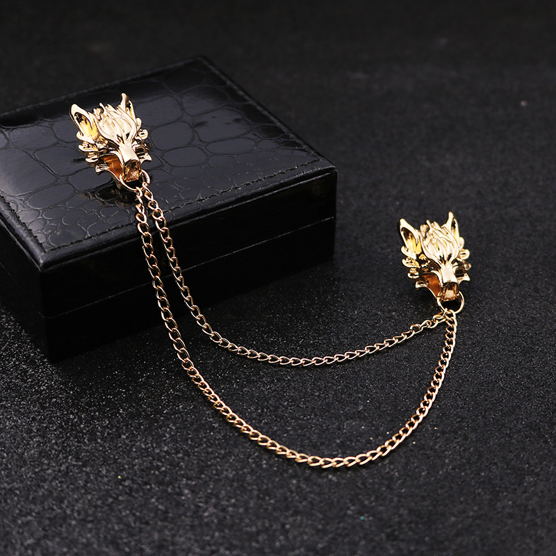 New Punk Chain Wolf Pin Brooches for Men's suit Brooch Collar Decorated Wolf Head Shirt Accessories Tide Corsage Brooch Pins