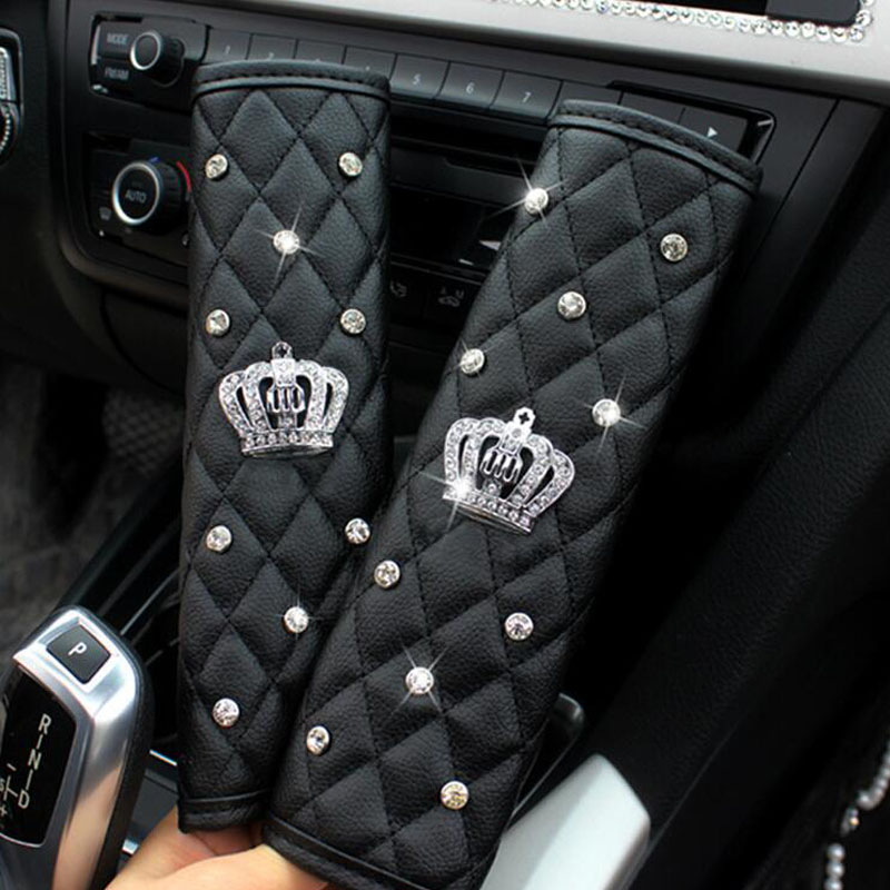 CDCOTN Car Seat Belt Cover Leather Seat Belt Shoulder Pad Crown Crystal Rhinestones Diamond Shifter Gear Cover Hand Brake Covers