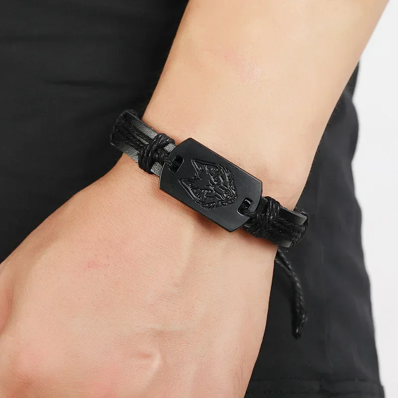 Hip Hop Rock Band Bracelet Steampunk Band Symbol Adjustable Wolf Head Charm Leather Bracelets Men Women Collection