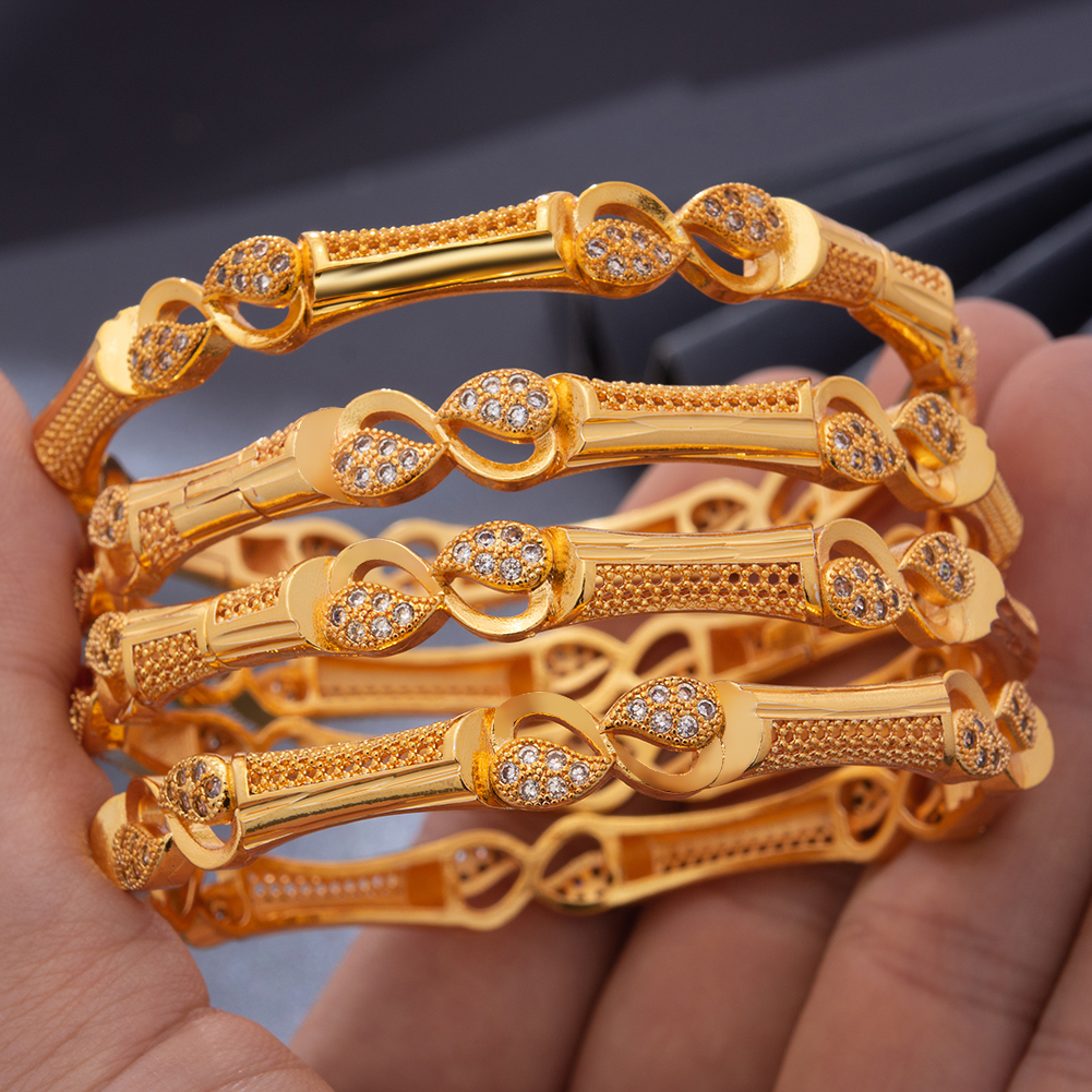 4pcs/Lot Trendy Dubai Ethiopian Rhinestone Gold Color Bangles For Women Girls Wife African Arab Ramadan Wedding Bracelet Jewelry