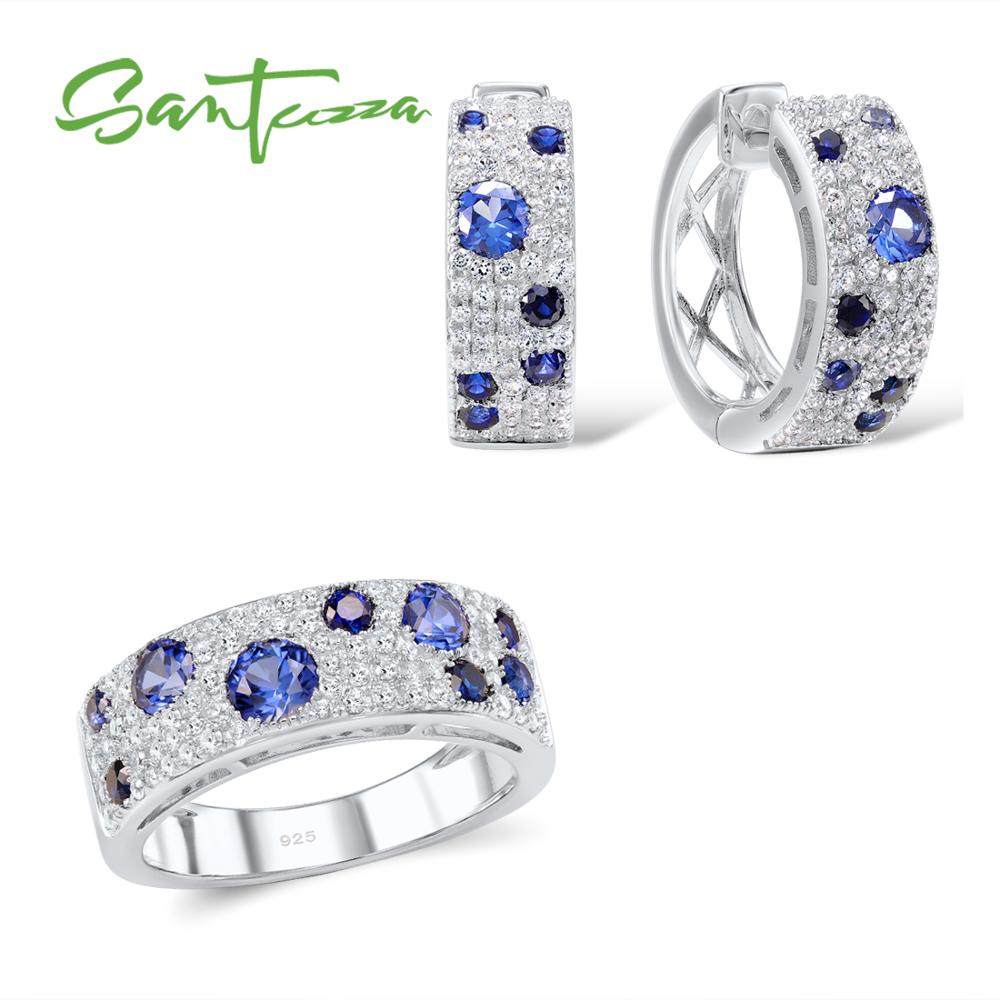 SANTUZZA Genuine 100% 925 Sterling Silver Jewelry Set for Women Sparkling Blue Nano CZ Earrings Ring Set Gorgeous Jewelry