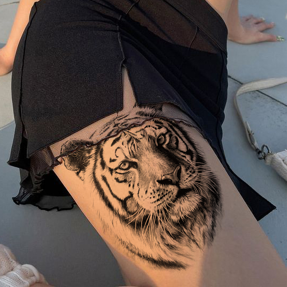 2pcs Black Realistic Sketch Tiger Waterproof Temporary Tattoo Stickers Animal Body Art Hand Arms Legs Waist Men Women Fake Tatto