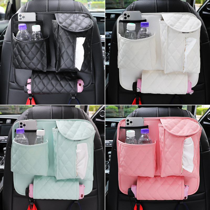 Car Seat Back Organizer Bag PU Leather Auto Storage Nets Mutil-pockets For Phone,Tissue,Water Bottle With 2 Hangers Bracket