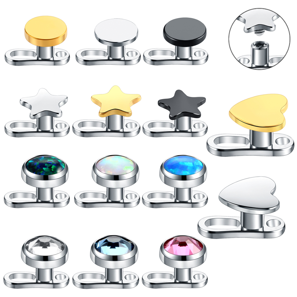 1PC Titanium Mixed Star Round Heart CZ Gem Style Dermal Anchor Top&Base Piercing Skin Diver Surface Piercing Sexy Girl Jewelry