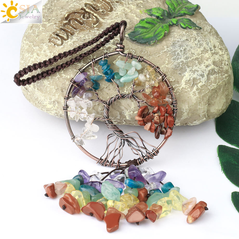 CSJA Natural Crystal Stone Tree of Life Keychain Pendant 7 Chakra Hanging Copper Wire Wrap Round Love Heart Key Ring Holder G790