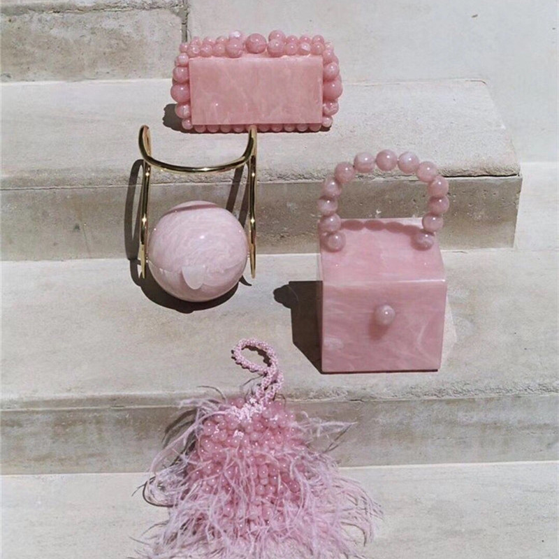 New Brand Designer Luxury Ball Bead Pink Acrylic Clutch Woman Party Wedding Evening Purse Ladies Handbags Shoulder Crossbody Bag