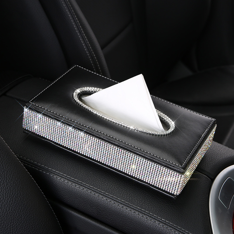 Luxury Rhinestones CarTissue Box Storage Paper Towel PU Leather Black Tissue Holder Towels Crystal Tissue Box Cover Car Styling
