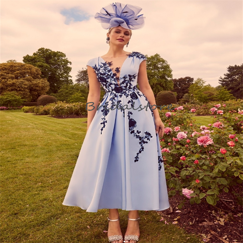 Charming Blue Mother Of The Bride Dress With Navy Appliques Lace Elegant Tea Length Midi Evening Dresses Wedding Guest Party 50S Women Evening Vestios