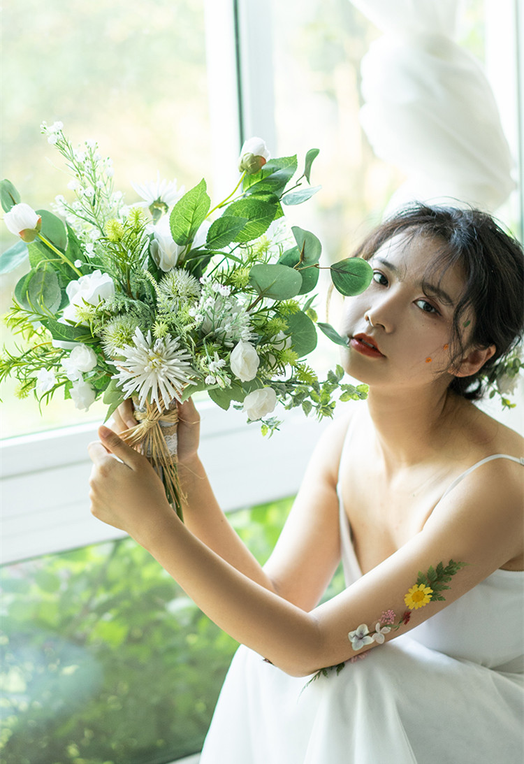 JaneVini Romantic White Bridal Bouquets Artificial Silk Rose Boho Bouquet Green Leaves Bridesmaid Holding Flowers Bouket Wedding