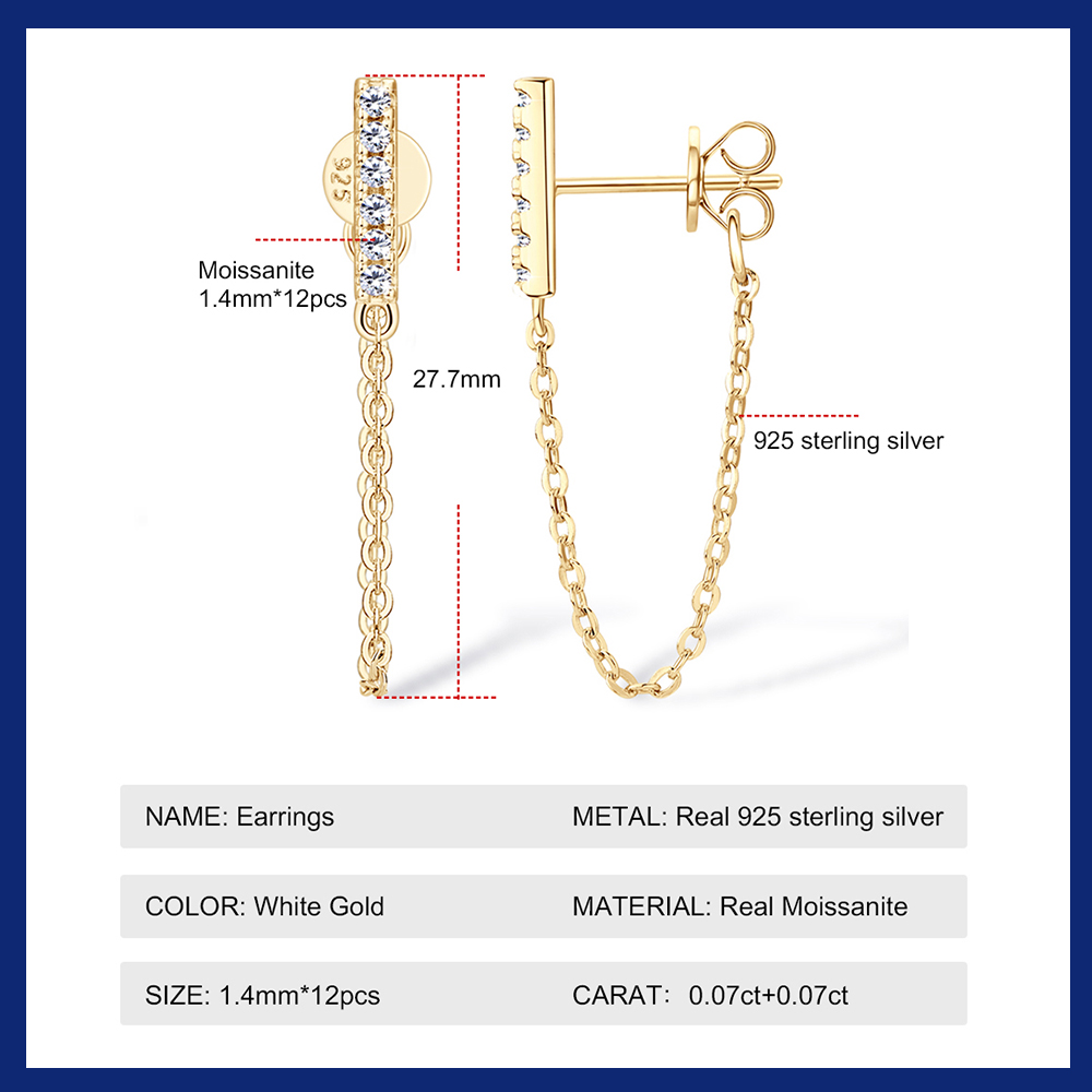 Original 925 Sterling Silver Long Chain Stud Earrings 1.4mm Full Moissanite Diamond Earring for Women Trending Jewelry Gift 2023