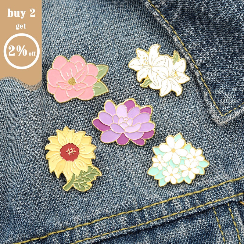 Flower Series Enamel Pins Sakura Wing Lily Sunflower Blossom Brooches Bag Lapel Pin Badge Jewelry Gift For Kids Friend Wholesale