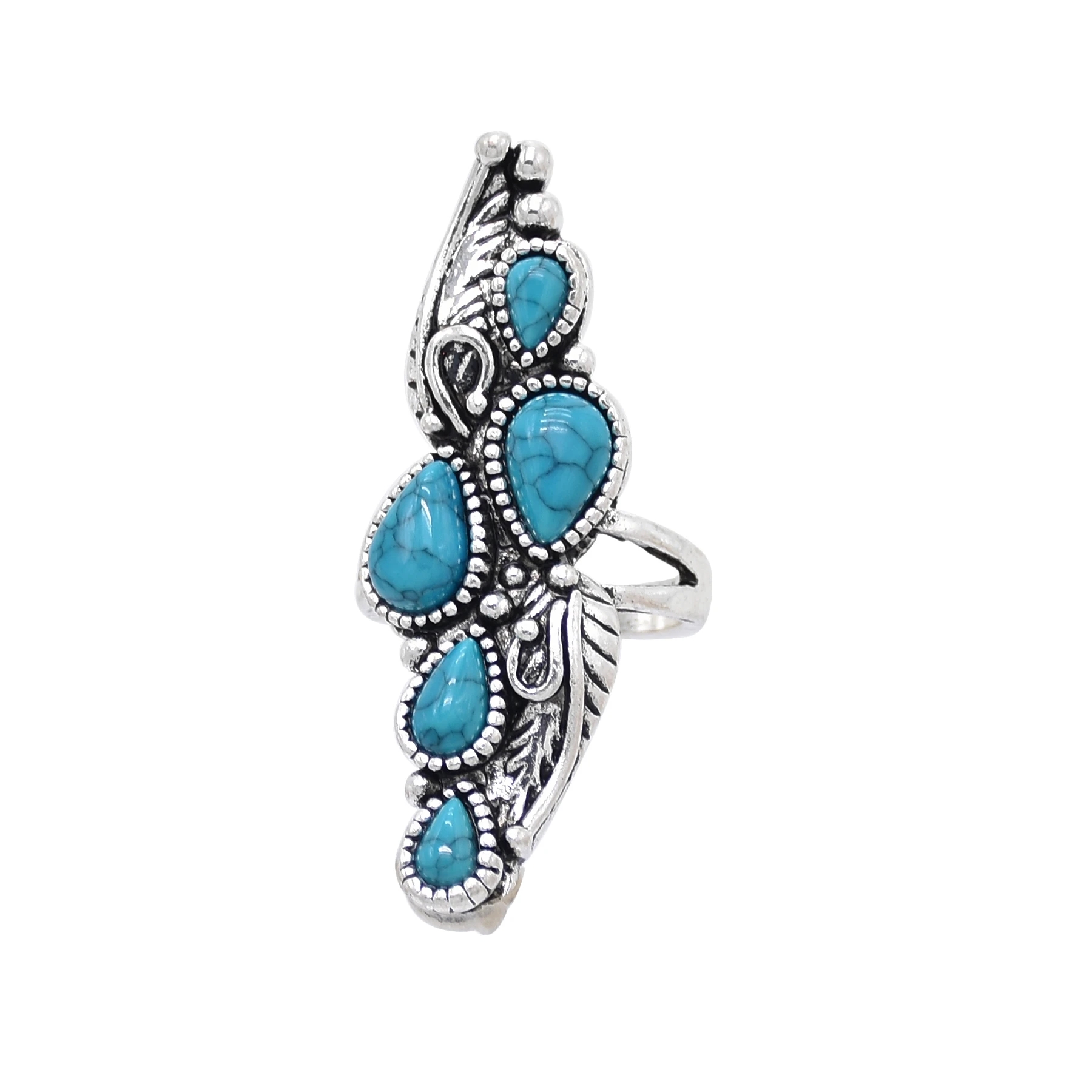 Bohemia Punk Big Round Green Stone Ring For Women Bride Wedding Indian Oxidized Turquoises Finger Adjustable Retro Gypsy Jewelry