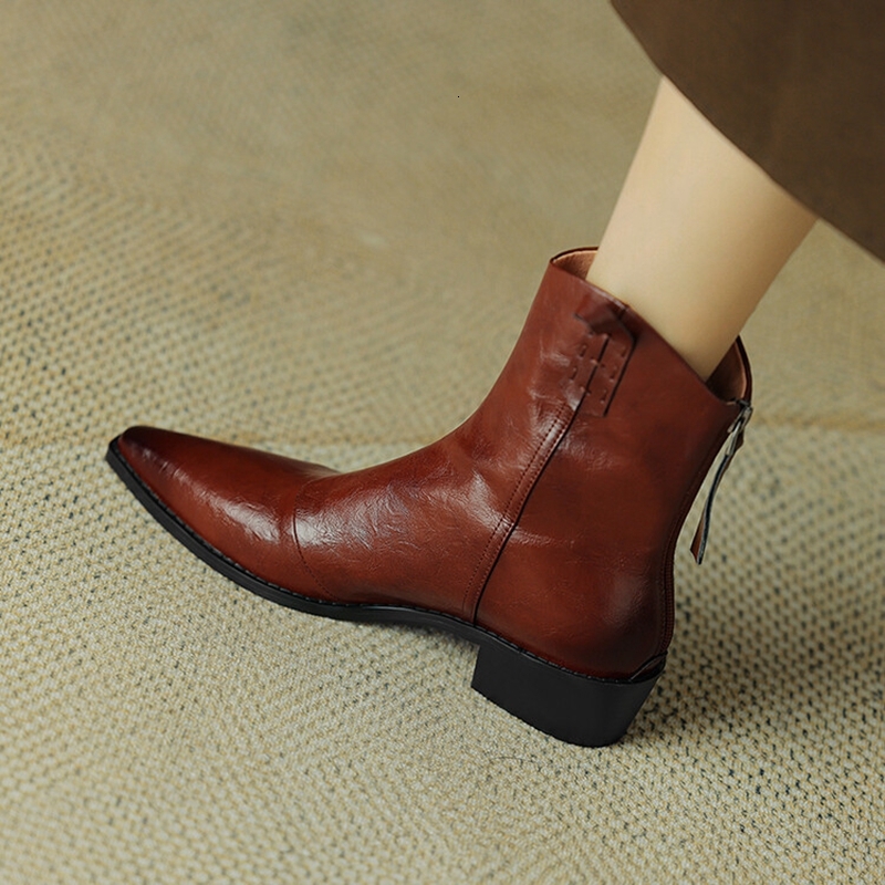 NEW Autumn Split Leather Shoes For Pointed Toe Chunky Heel Women Winter Short Western Cowboy Boots