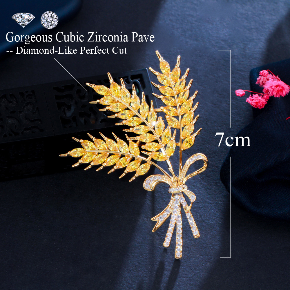 CWWZircons Shiny Yellow Cubic Zirconia Designer Luxury Big Wheat Brooch Pin for Women Jewelry Accessories Gift BH018