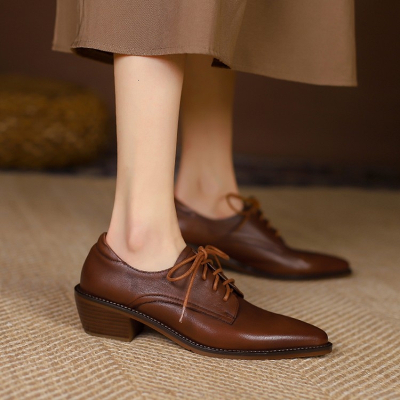 NEW Spring/Autumn Pumps Genuine Leather For Women Pointed Toe Chunky Heel Casual Black Lace-Up Handmade Shoes