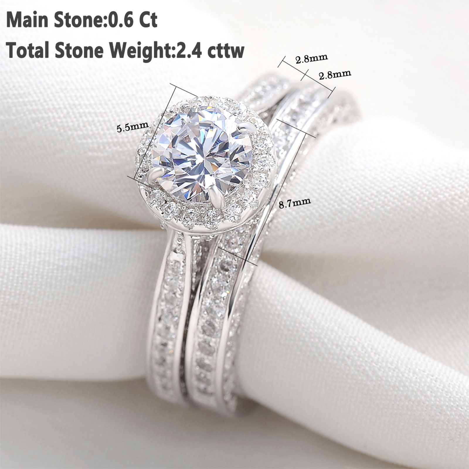 Newshe 2 Pieces Wedding Rings Set for Women Engagement 925 Sterling Silver 1.88Ct Brilliant Round White AAAAA Cz Ring Size 4-13