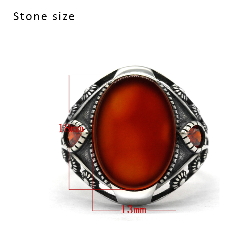 Natural Agate Stone Ring for Men 925 Sterling Silver With Red CZ Thai Silver Unique Design Ring for Male Women Turkish Jewelry