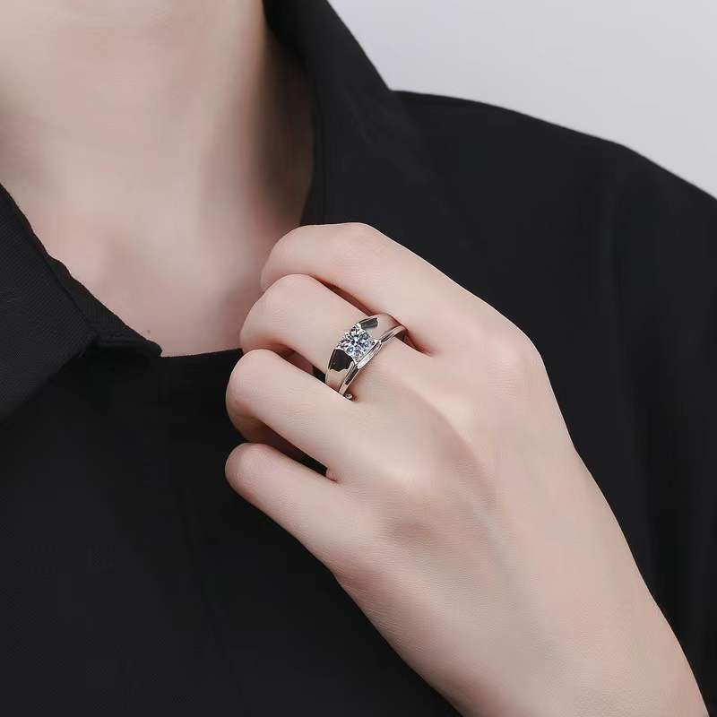 Classic 1ct D Color VVS1 Round Moissanite Men Adjustable Ring 925 Sterling Silver Lab Diamond Finger Rings Anniversary Gift