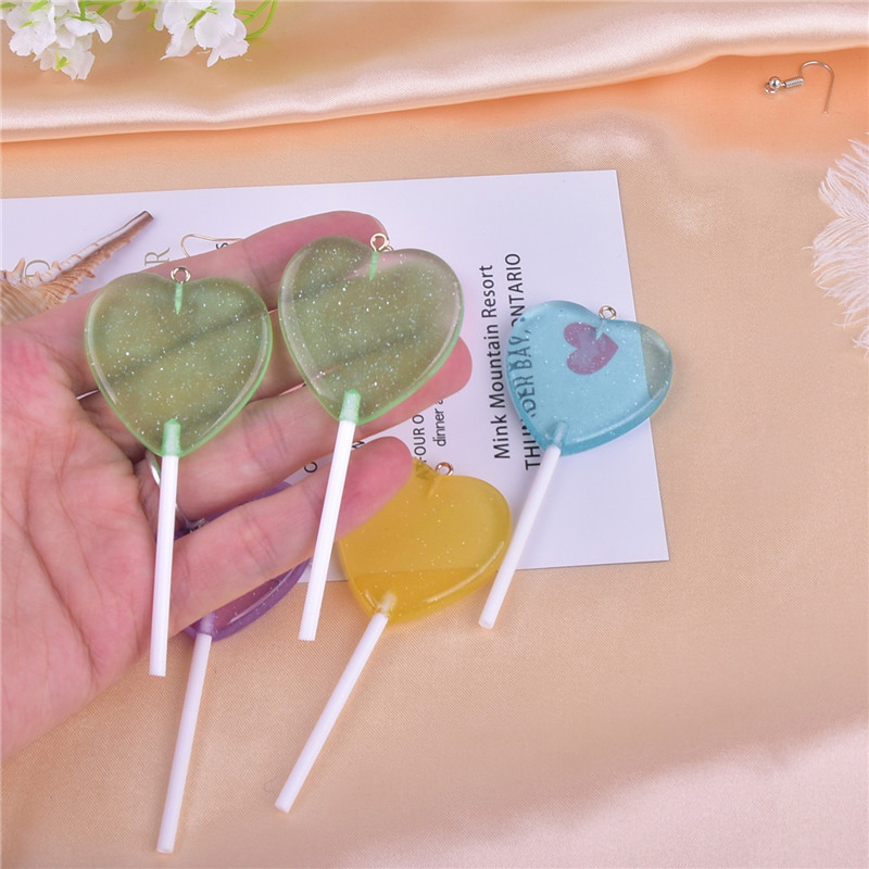 10pcs/12pcs/pack Bling Glitter Heart Lollipop Resin Charms for Earring Keychain Jewelry Making 85x22mm