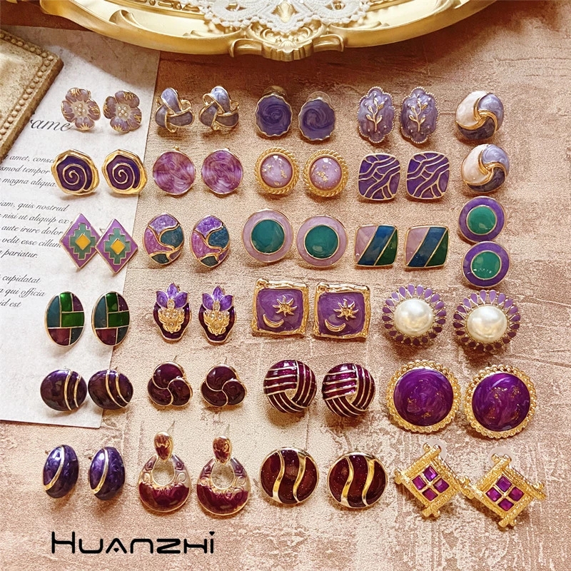 HUANZHI 2021 Vintage Geometric Simple Purple Carved Round Flower Pearl Colorful Enamel Metal Stud Earring for Women Jewelry