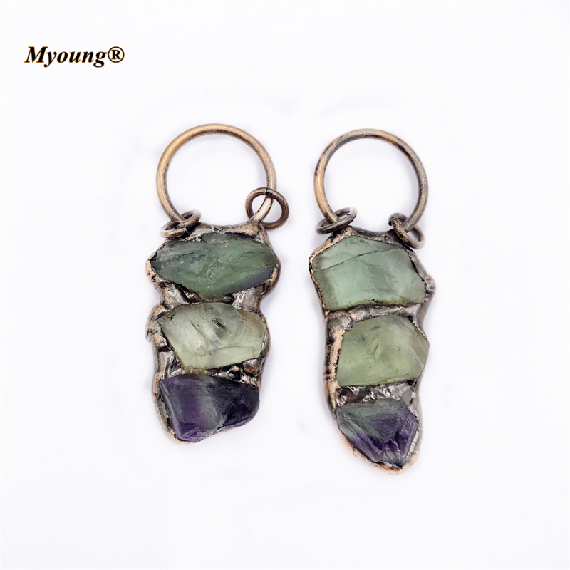 5PCS Boho Jewelry Soldered Fluorite Green Crystal Quartz Antique Vintage Stone Necklace Pendants MY210425