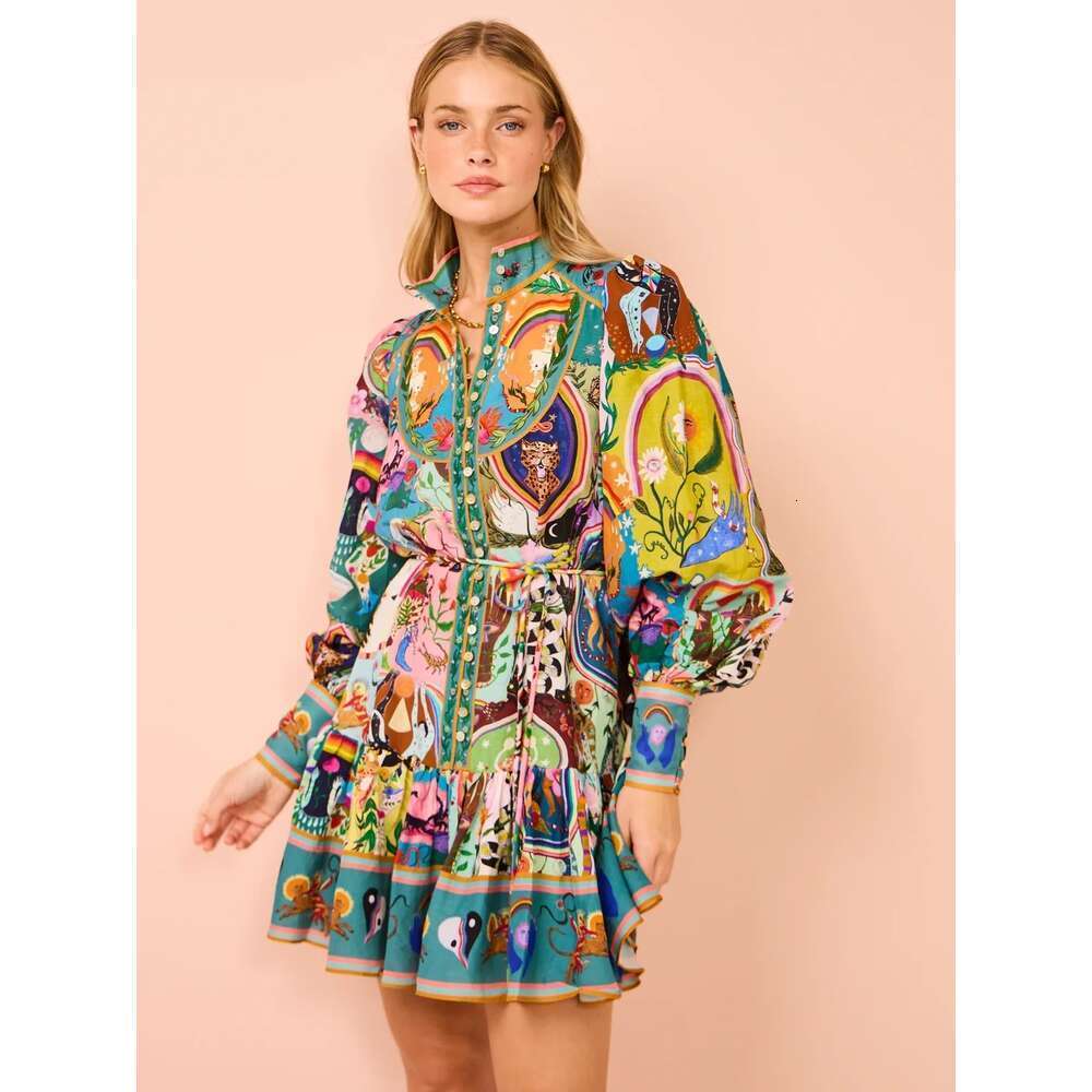 2024 New Versatile Dress Elegant Leisure Printed Shirt Cardigan Style Comfortable Runway Flower Dresses Sexy Aline Ladies Summer Beach Vaction Robe Cl