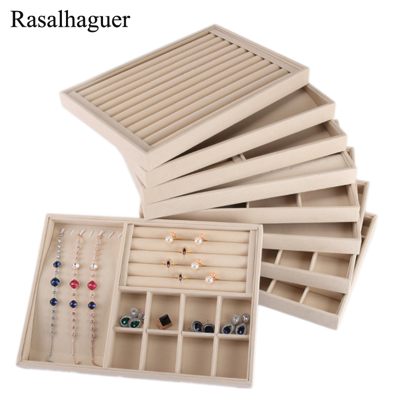 High Quality Beige Jewellery Storage Box Watch Holder Necklaces Rings Earrings Pendants Women Stand Series Velvet Jewelry Tray