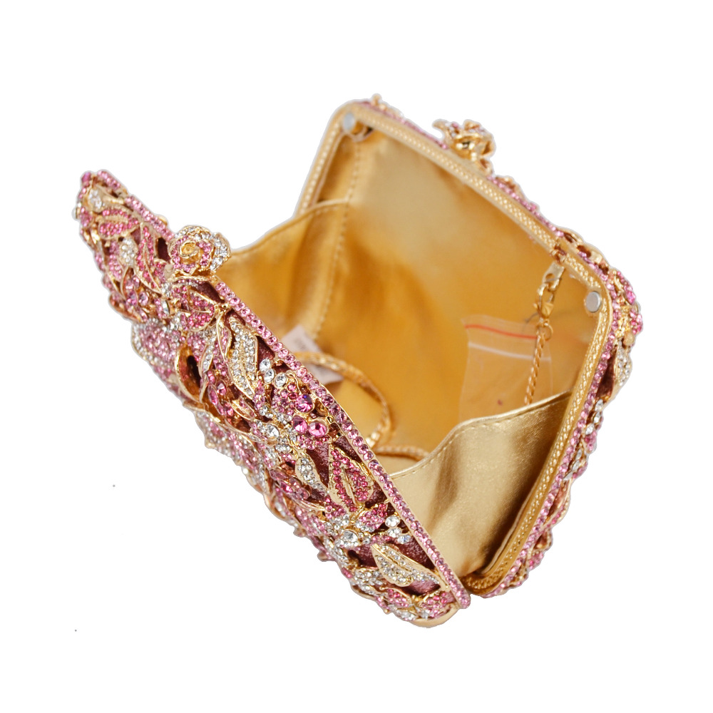 KHNMEET Pink Flower Party Clutch Evening Bags rhinestone Pink Luxury Wedding Crystal Bags Shoulder Bags SC780