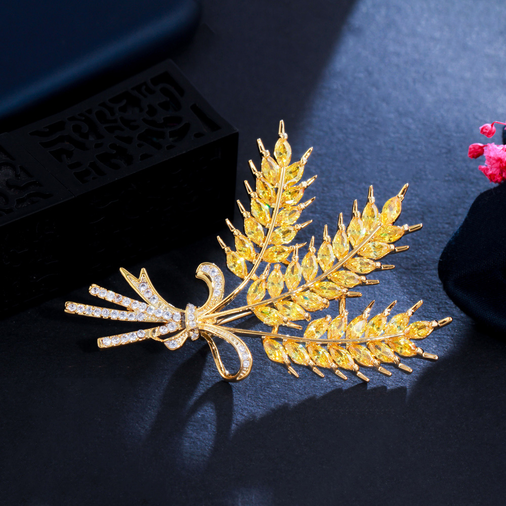 CWWZircons Shiny Yellow Cubic Zirconia Designer Luxury Big Wheat Brooch Pin for Women Jewelry Accessories Gift BH018