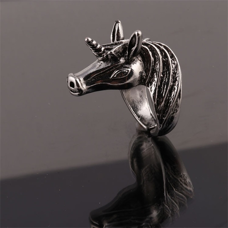 1PC European And American Men's Retro Animal Unicorn Horse Head Ring Opening Adjustable Alloy Ring Banquet Party Jewelry Gift