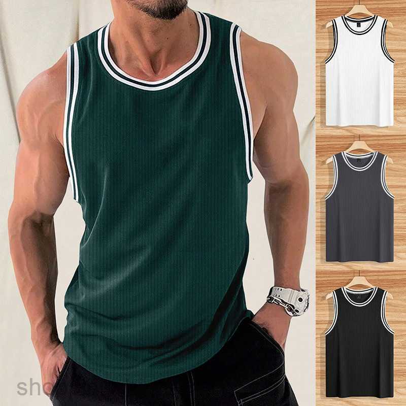 Men's T Shirts Summer Knitted Vertical Stripe Fitness Sports Slim Fit Tank Top Male Racerback Color Block Tank Top tees tops