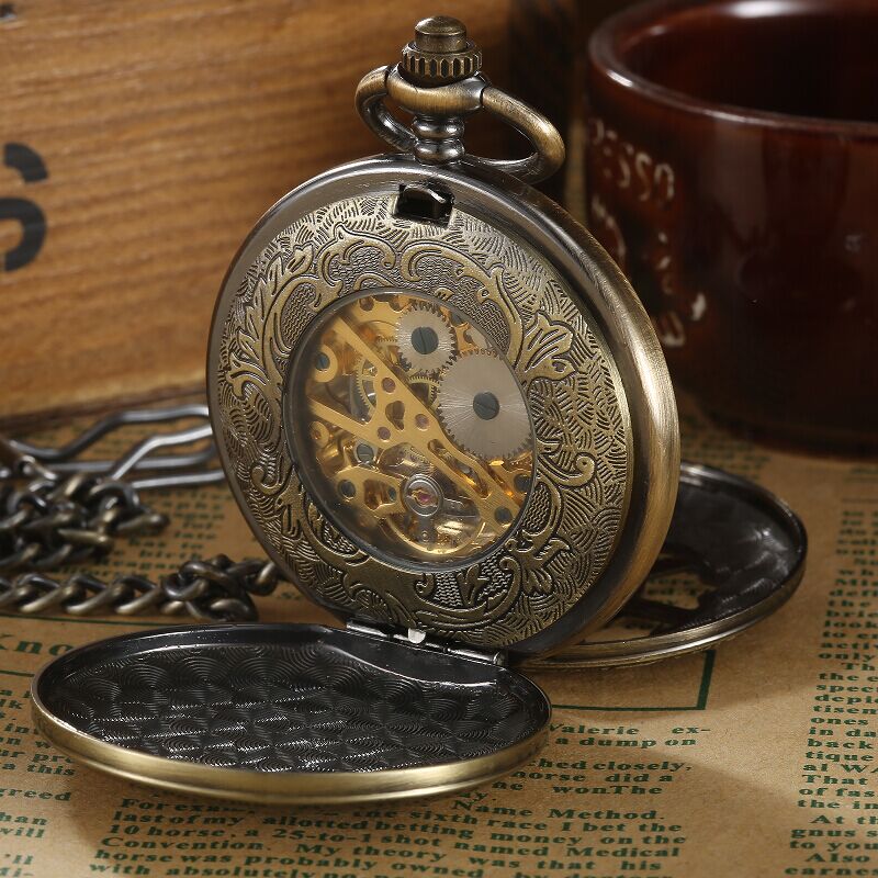Vintage Steampunk Bronze Mechanical Pocket Watches Men Luxury Flower Carving FOB Chain 2 Sides Case Open Watches Women saat