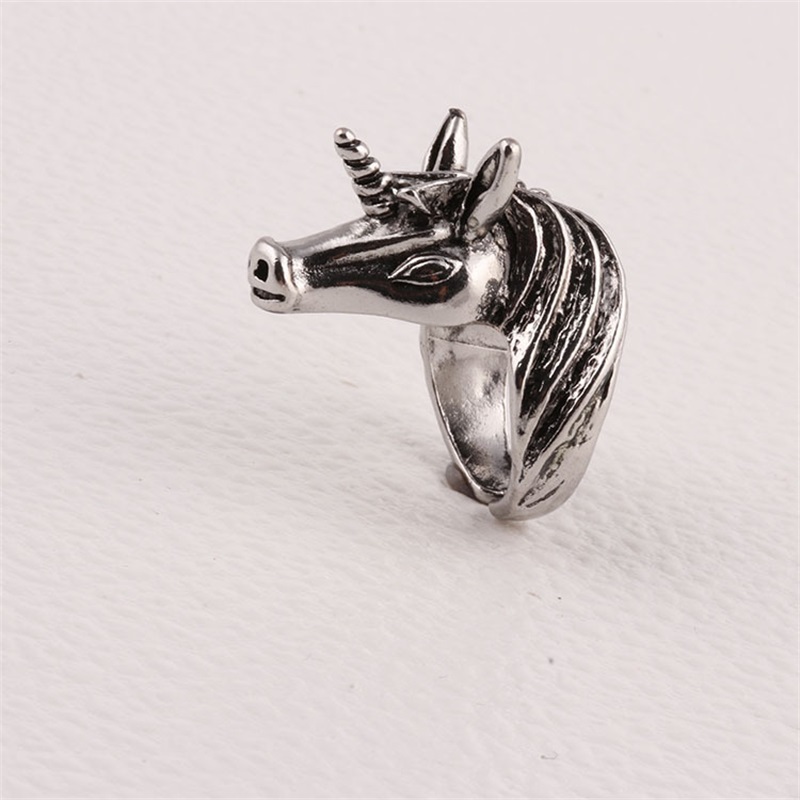 1PC European And American Men's Retro Animal Unicorn Horse Head Ring Opening Adjustable Alloy Ring Banquet Party Jewelry Gift