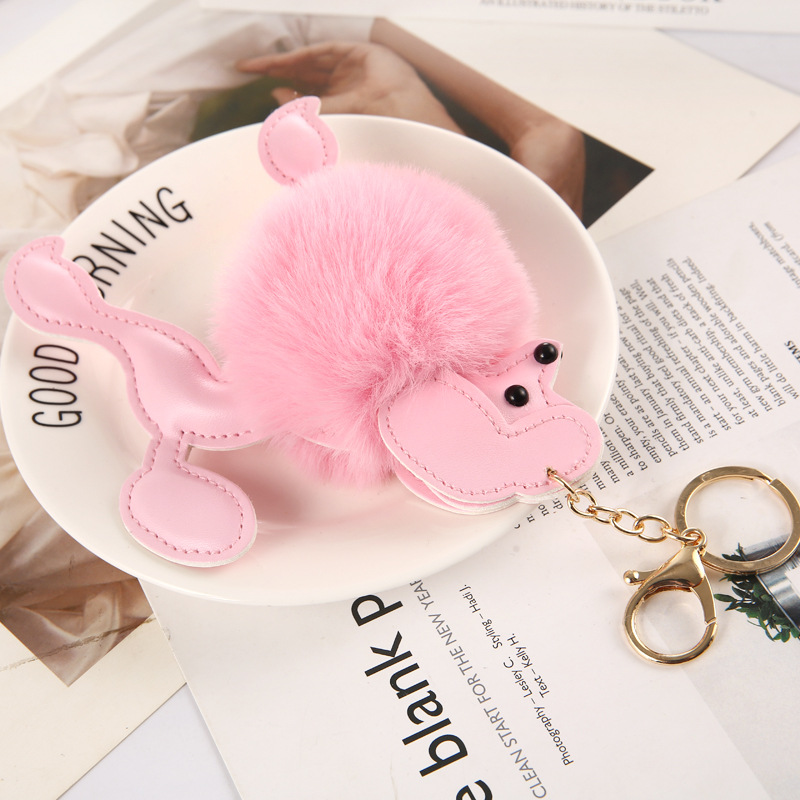 Lovely Poodle Faux Fur Ball Keychain Cute PU Leather Fluffy Animal Dog Keyring Women Bag Pendant Charm Plush Puppy Trinket Gifts