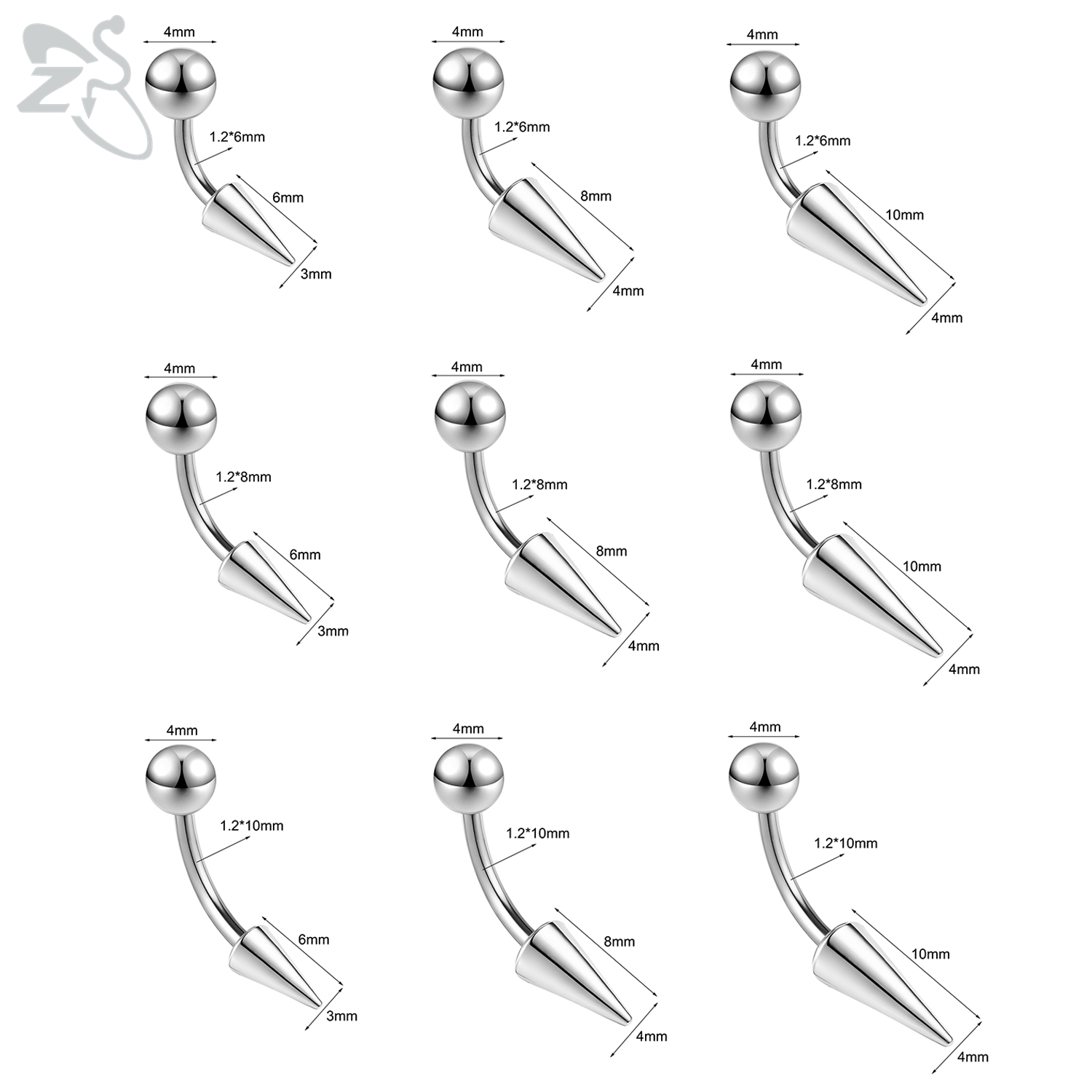 ZS 10pcs/lot Punk Spike Stainelss Steel Eyebrow Piercing Set 16G Curved Labret Lip Studs Helix Lobe Piercings Earring 6/8/10MM