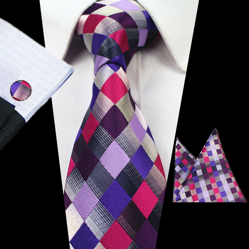 Ricnais Plaid Paisley Tie Set Silk Jacquard Mens Necktie Gravata Hanky Cufflinks Set Pocket Handkerchief Mens Tie for Wedding