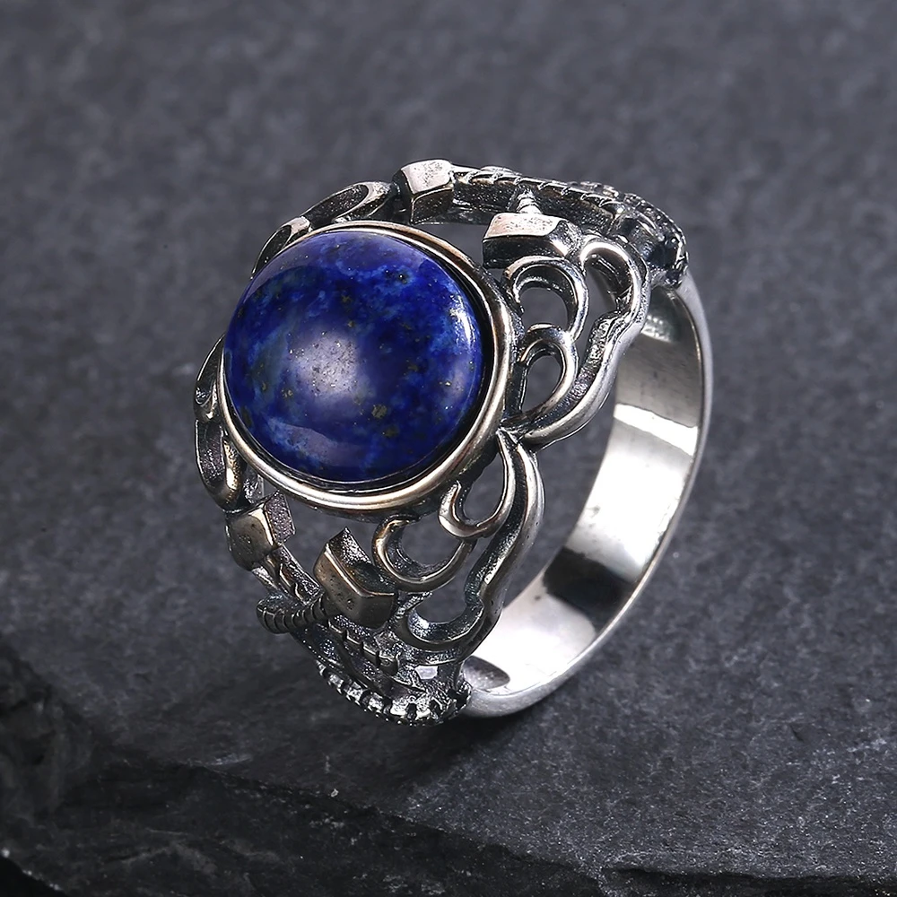 10*12mm Natural Labradorite Moonlight Silver Rings Lapis Lazuli Turquoise Ring Axe Hollow Design Jewelry for Women